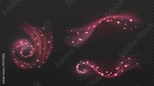 Wind with petals set. Sakura leaves and foliage in windstreams. Ecology, nature and environment. Japanese fresh air flow. Realistic vector collection