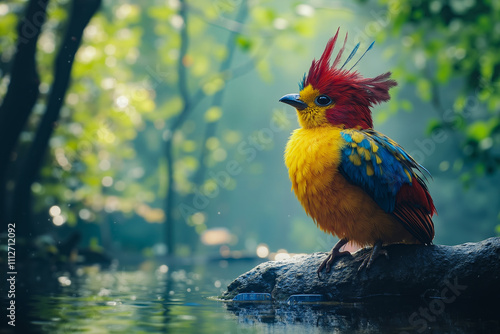 A colorful bird sitting on a rock in the water photo