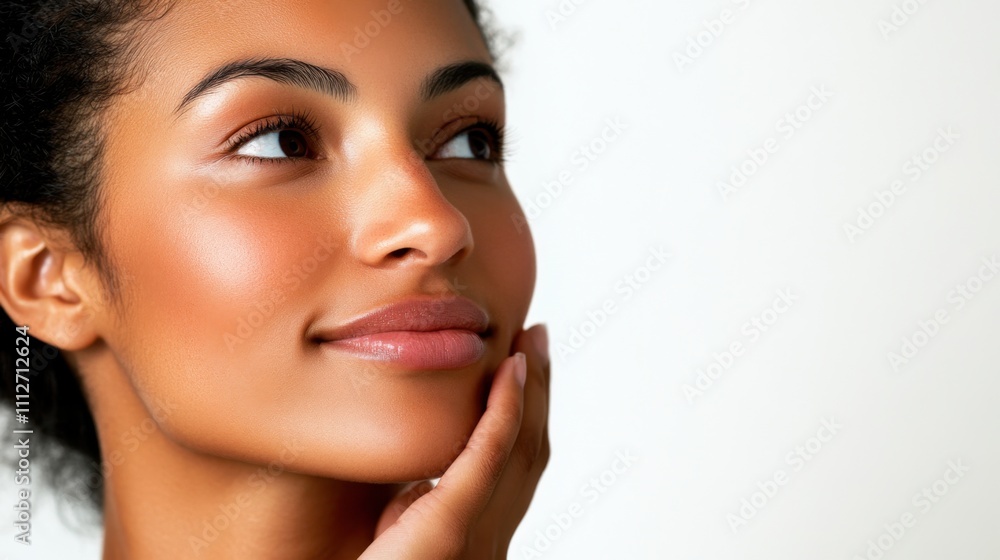 Obraz premium Young Asian woman with radiant skin lightly touching her neck, looking relaxed, white background.