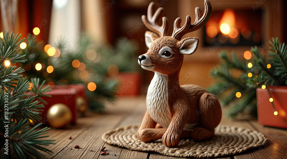 Festive Christmas scene with expressive cute deer, wrapped gift box and shiny decorations among fir branches and bokeh lights, Christmas Festive Christmas scene with expressive cute deer, wrapped gift box and shiny decorations among fir branches and bokeh lights, Christmas
