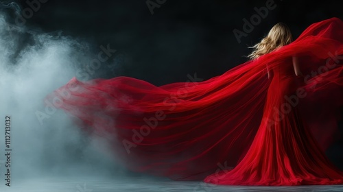 A woman in a vivid red dress with a flowing train stands dramatically against a dark and misty background, exuding elegance and confidence. photo