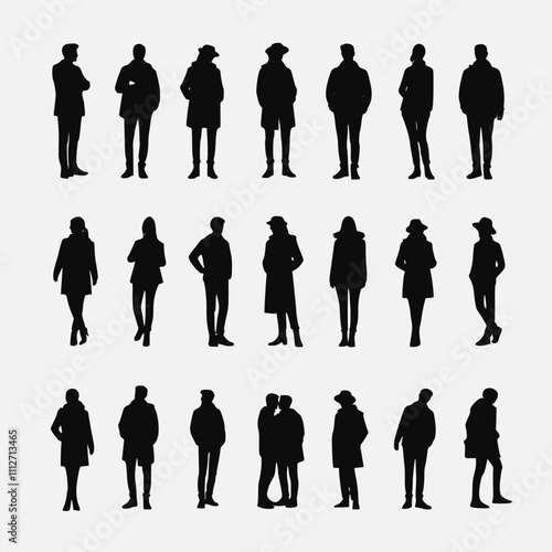 Silhouettes of different people standing and walking in warm outerwear (coats, raincoats, jackets). Male and female, couple characters back view vector monochrome illustrations, icons