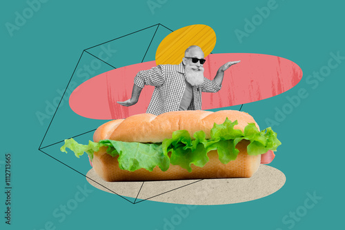 3d sketch poster trend collage image of happy old man dance hot dog bread loaf nutrition sausage lettuce junk food on blue background photo