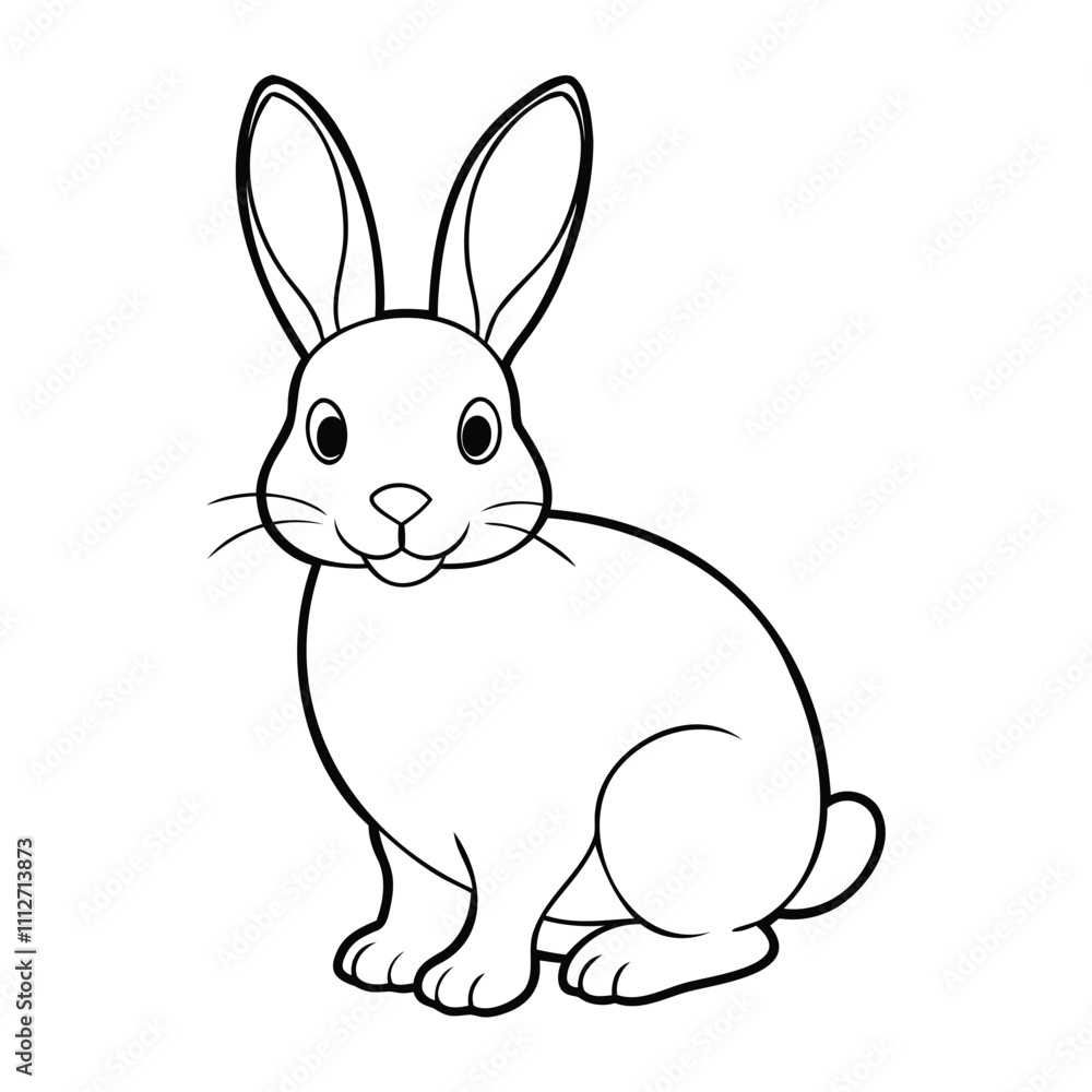 Black and white line drawing of a cute rabbit sitting, with large ears and a friendly expression. Black and white line drawing of a cute rabbit sitting, with large ears and a friendly expression.