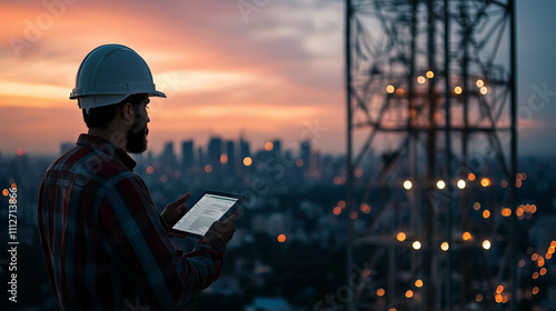 An engineer checks a telecom tower's maintenance logs using a tablet, with the cityâs illuminated skyline stretching into the distance