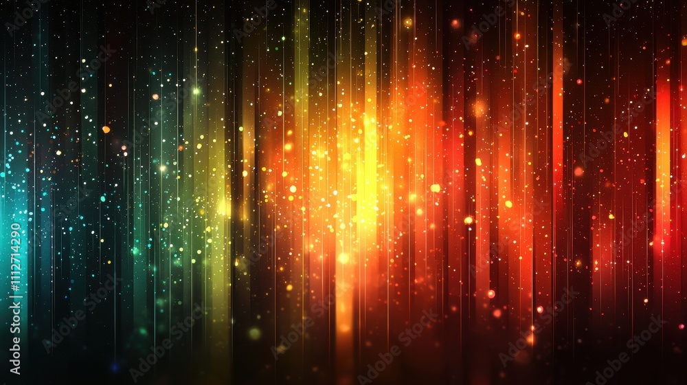 Colorful light streaks create a vibrant abstract pattern illuminating the dark background