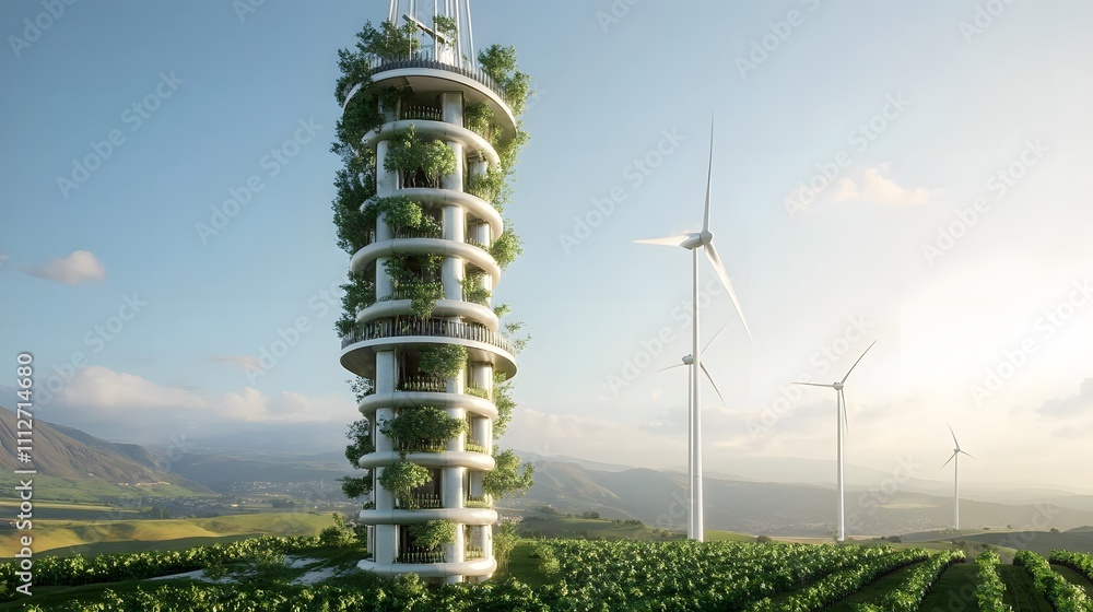 Obraz premium Modern tower surrounded by wind turbines and lush vineyards in a scenic countryside landscape