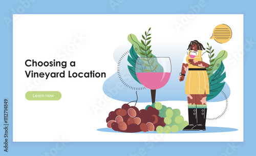 Wine production landing page. Woman near glass with grape. Alcoholic drink and beverage. Winery and winemaking. Alcohol production. Flat vector illustration