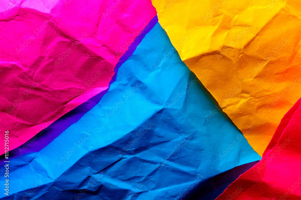 Dynamic Wrinkled Paper Texture – Pink, Blue, Yellow, and Red Abstract Design Dynamic Wrinkled Paper Texture – Pink, Blue, Yellow, and Red Abstract Design