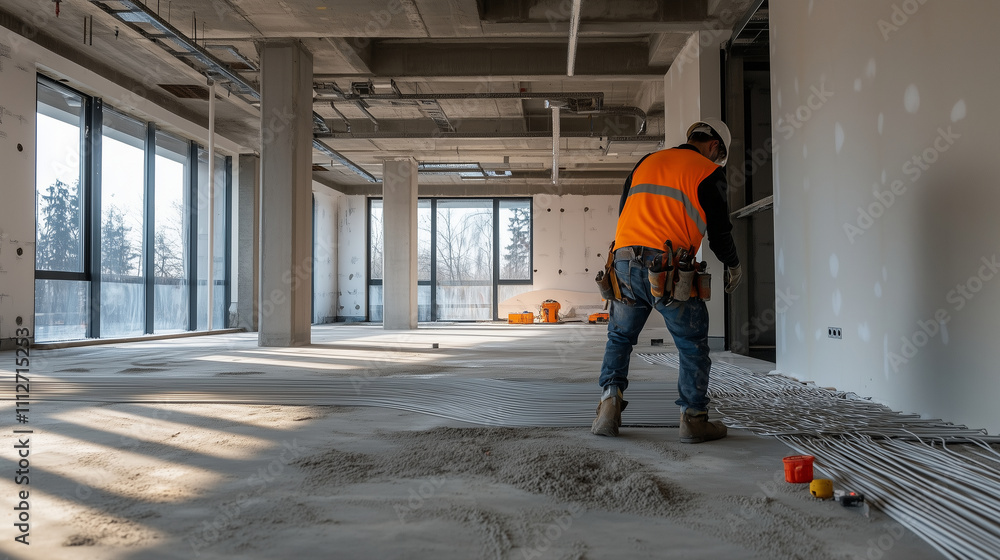 An expansive view of a construction site, showcasing the plumber meticulously laying underfloor heating pipes in a large open-plan room An expansive view of a construction site, showcasing the plumber meticulously laying underfloor heating pipes in a large open-plan room
