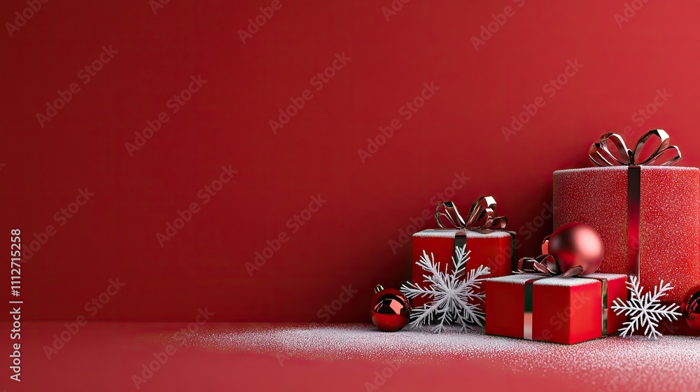 Vibrant red Christmas backdrop adorned with snowflakes and beautifully wrapped gift boxes inviting holiday cheer and joy Vibrant red Christmas backdrop adorned with snowflakes and beautifully wrapped gift boxes inviting holiday cheer and joy