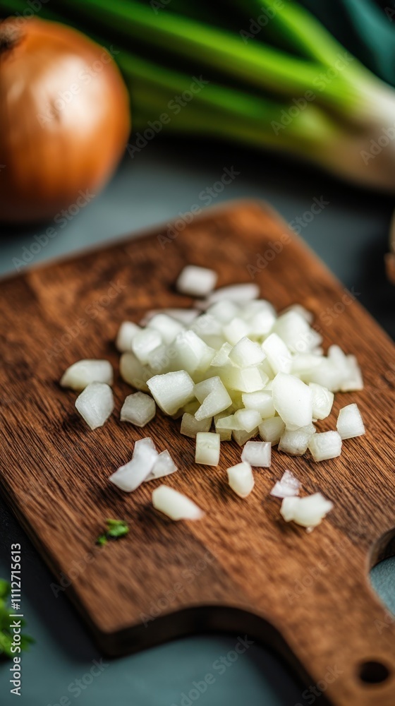 A kitchen scene displaying freshly chopped white onions on a wooden chopping board, accompanied by whole brown and fresh green onions in the background. A kitchen scene displaying freshly chopped white onions on a wooden chopping board, accompanied by whole brown and fresh green onions in the background.