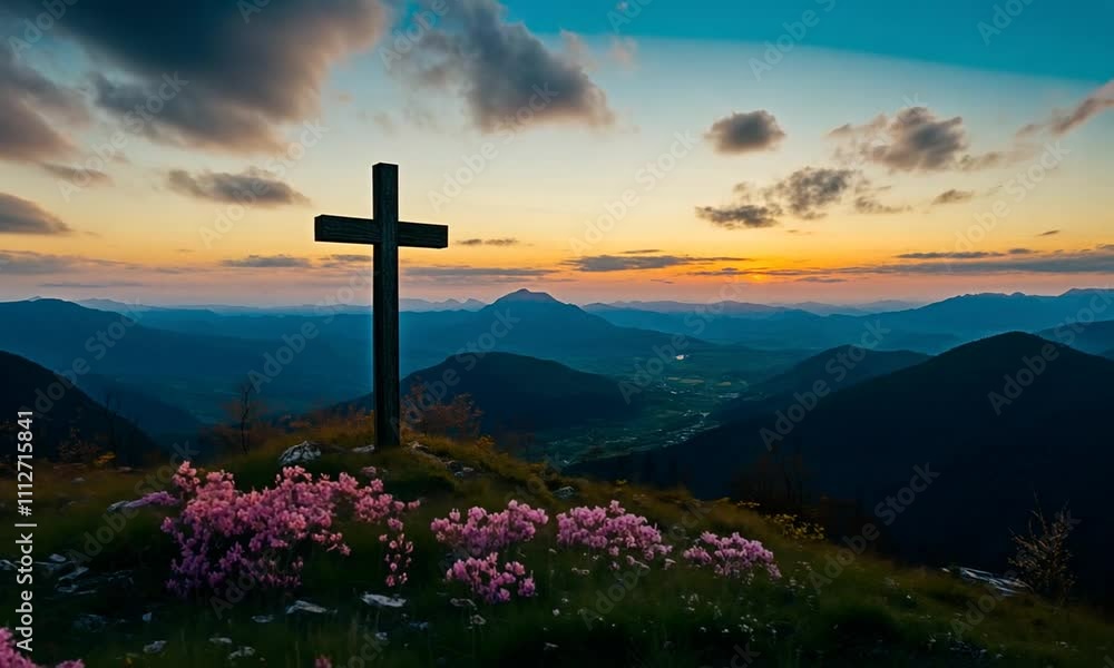 A serene landscape featuring a cross amidst flowers, with a stunning sunset over distant mountains. A serene landscape featuring a cross amidst flowers, with a stunning sunset over distant mountains.