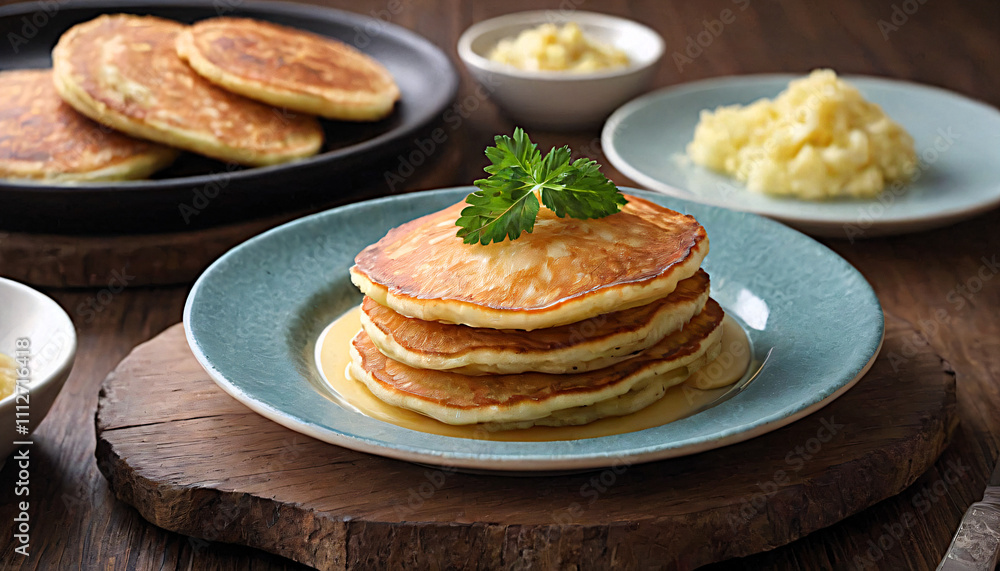 Polish potato pancakes stacked with syrup and herbs on a wooden board with side dishes Polish potato pancakes stacked with syrup and herbs on a wooden board with side dishes