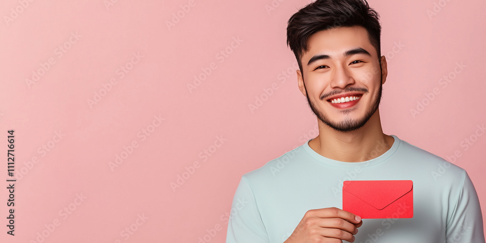 Asian Smiling man showing red envelope for valentine's day gift or greeting card