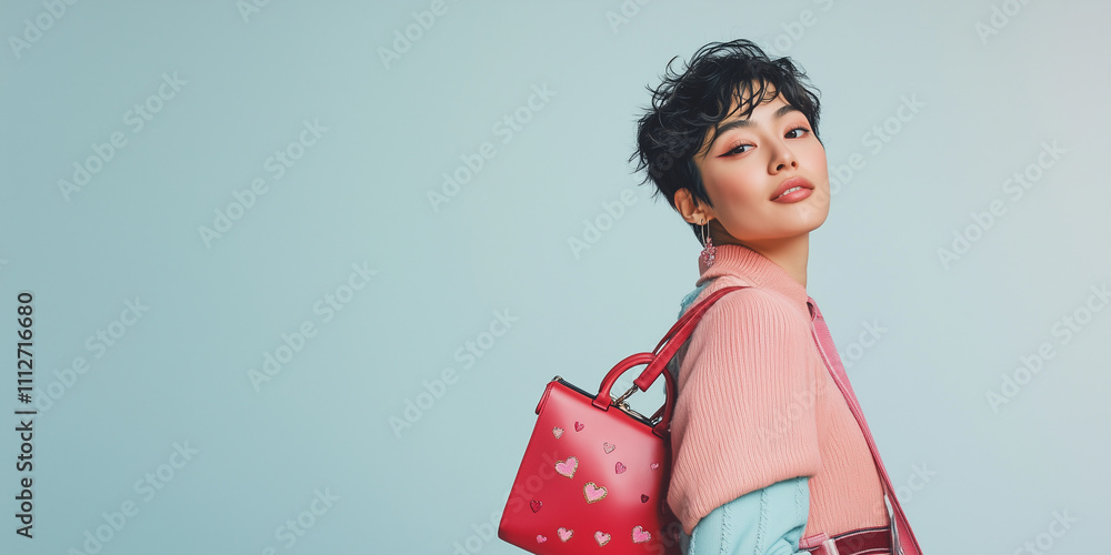 Stylish woman showing valentine's day bag with hearts on light blue background Stylish woman showing valentine's day bag with hearts on light blue background