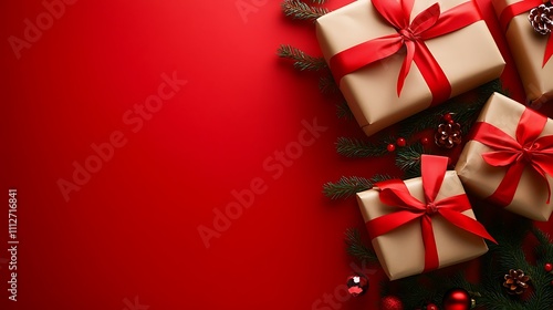 Wallpaper Mural Festive Red Background with Christmas Gifts Ornaments Greenery Torontodigital.ca