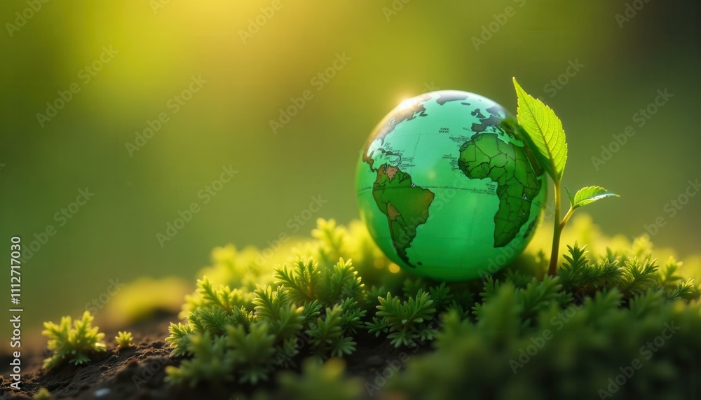 Green Earth Globe on Moss with Growing Plant Seedling Eco Friendly Concept Green Earth Globe on Moss with Growing Plant Seedling Eco Friendly Concept