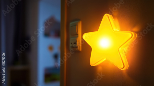 Illuminated star-shaped nightlight on wall.