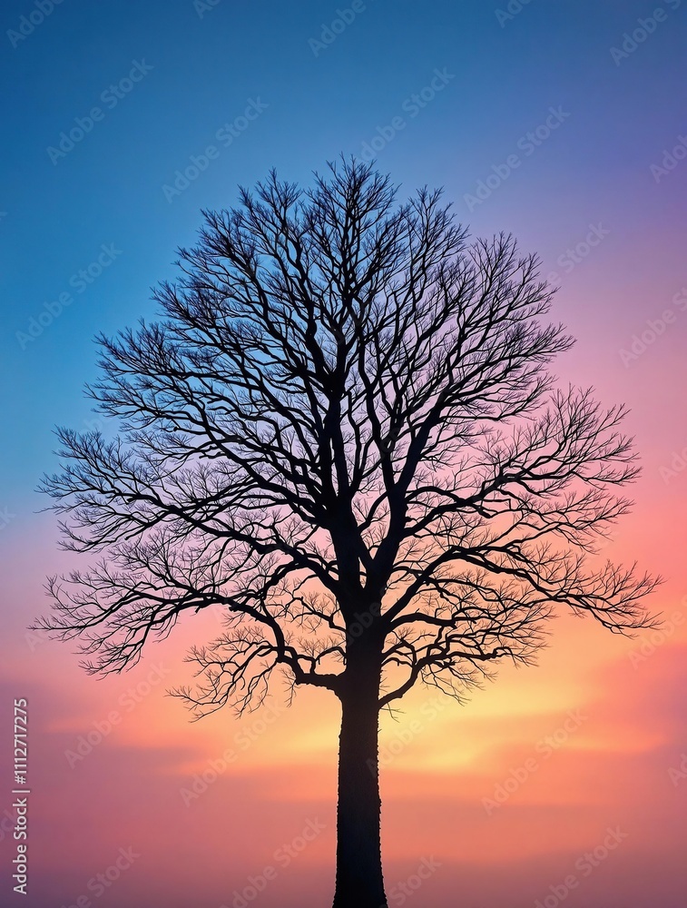 Vertical silhouette of a tree against a colorful gradient sky with soft focus and blurred light, gradient, landscape, blur Vertical silhouette of a tree against a colorful gradient sky with soft focus and blurred light, gradient, landscape, blur