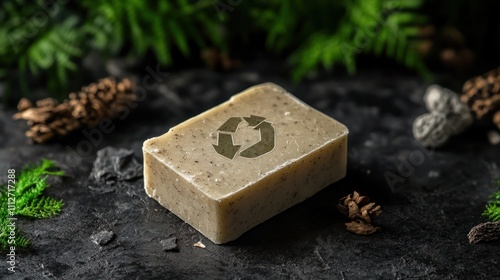 Ecofriendly soap bar with recycling symbol promotes sustainable zer. Concept Eco-Friendly, Sustainable, Zero Waste, Soap Bar, Recycling Symbol photo