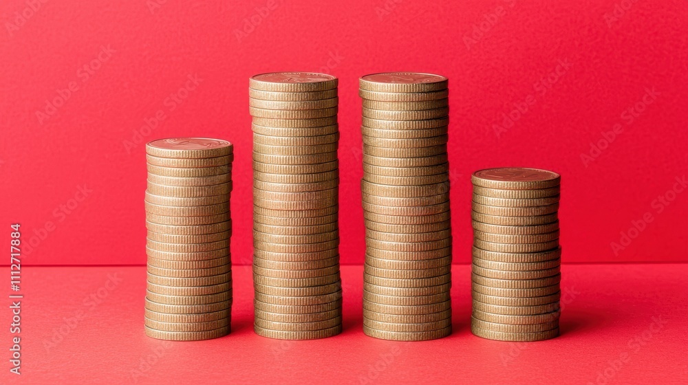 Stacks of Coins on Red Background for Financial Concept Visualization Stacks of Coins on Red Background for Financial Concept Visualization