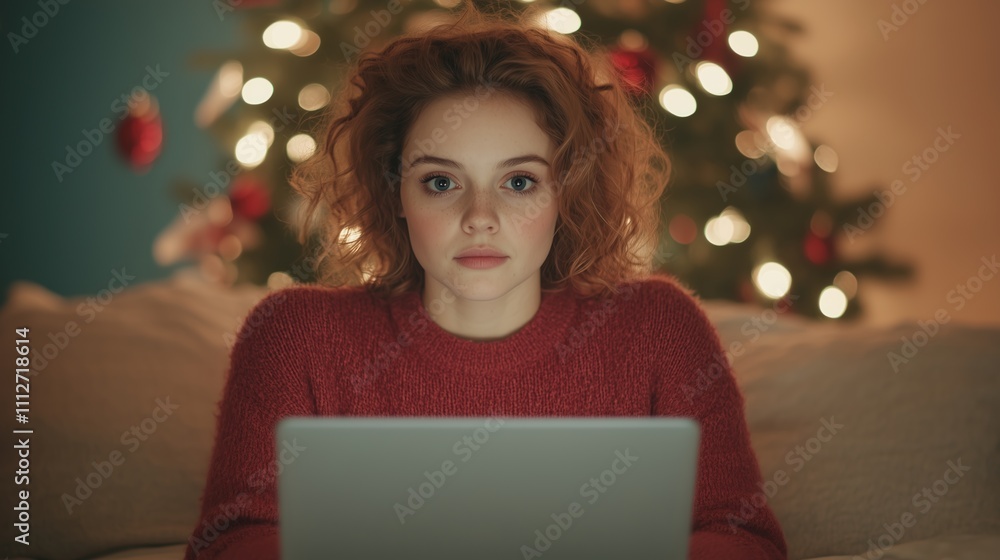 Young Woman in Red Sweater Using Laptop Online Shopping at Home by Christmas Tree Holiday Season Cozy Ambiance Nighttime Young Woman in Red Sweater Using Laptop Online Shopping at Home by Christmas Tree Holiday Season Cozy Ambiance Nighttime