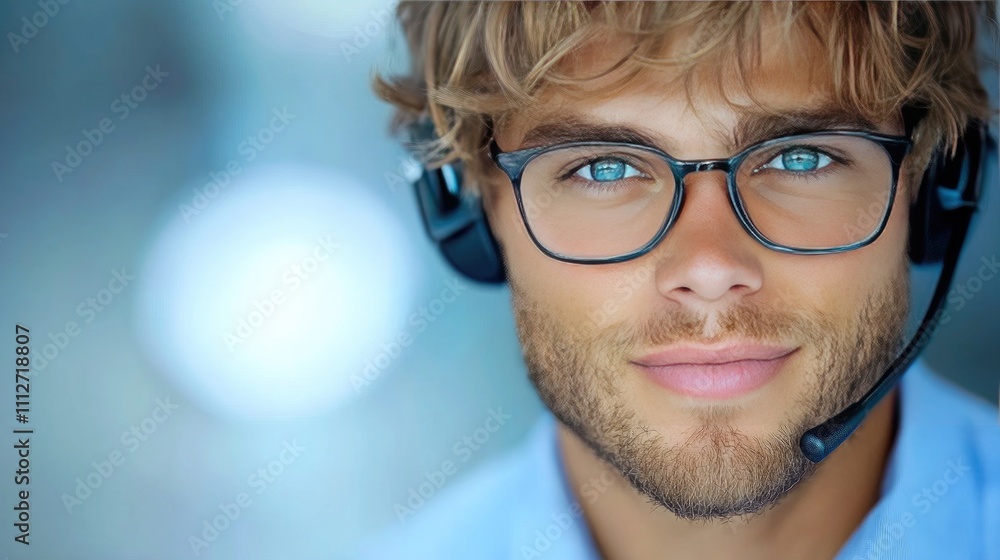 Smiling man in headset engaging with customers in modern call center setting using technology for support Smiling man in headset engaging with customers in modern call center setting using technology for support