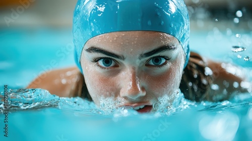 A focused swimmer in a blue cap is captured mid-stroke, pushing through the water with intensity, surrounded by the sparkling clarity of the pool, eyes fixed ahead.