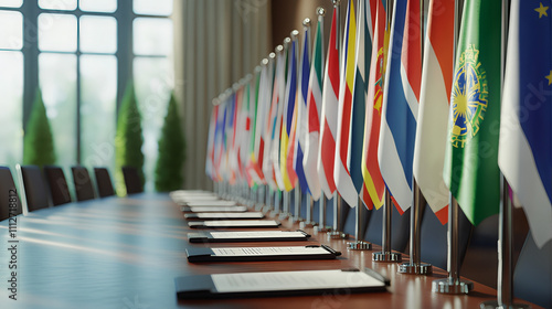 Embassy, international politics, European Union and United national Flags