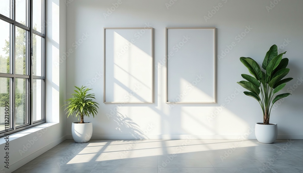 Fototapeta premium Minimalist Bright Interior Design with Two Empty Frames, Plants, and Sunlight Streaming Through a Large Window