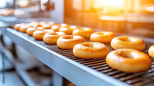 Freshly baked bagels line the industrial oven rack in a sunlit bakery as artisans craft delicious bread photo