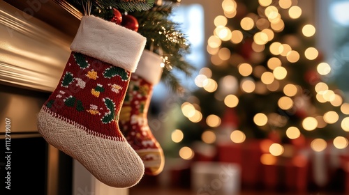 A cozy Christmas scene featuring a colorful stocking hanging by the fireplace, with a beautifully decorated tree and twinkling lights blurred in the background. photo