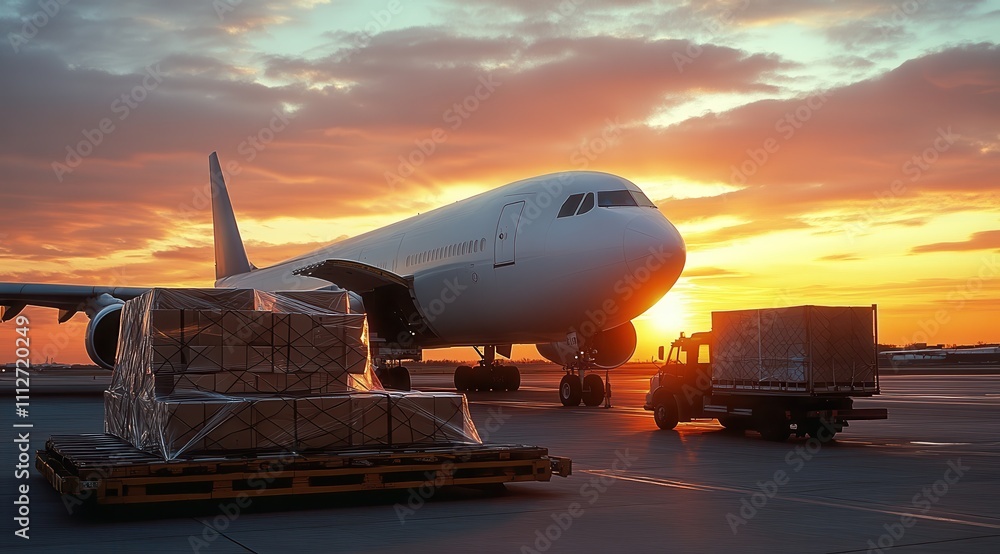 A cargo plane is visible on the runway during a vibrant sunset, with workers loading freight for transport, depicting global trade and connectivity. A cargo plane is visible on the runway during a vibrant sunset, with workers loading freight for transport, depicting global trade and connectivity.