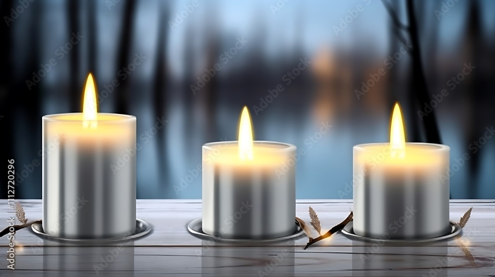 Three Lit Candles On A Wooden Surface Three Lit Candles On A Wooden Surface