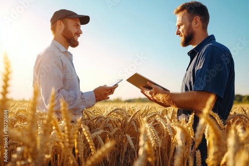 Two farmers stand in a golden wheat field, discussing agricultural data using digital technology, capturing innovation in farming practices and rural settings.