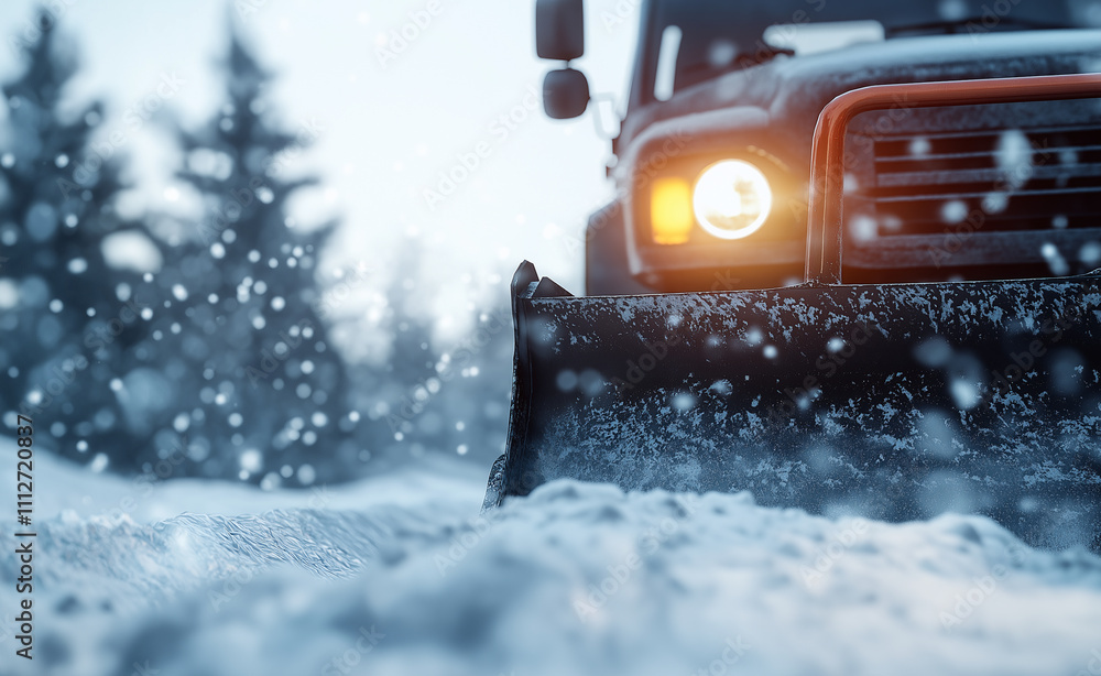 A snowplow clearing a snowy road during a winter day with falling snow and trees in the background. A snowplow clearing a snowy road during a winter day with falling snow and trees in the background.