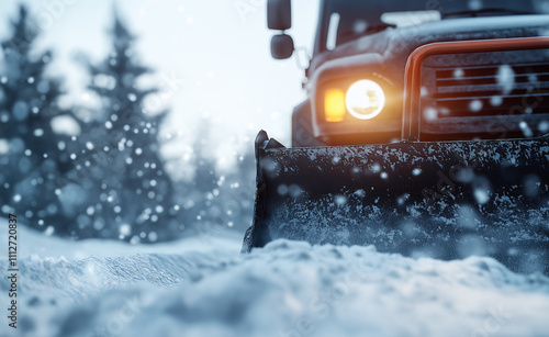 A snowplow clearing a snowy road during a winter day with falling snow and trees in the background.