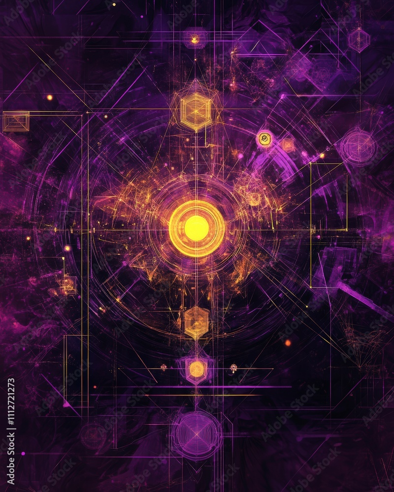 Obraz premium Abstract neon digital explosion with glowing yellow shapes