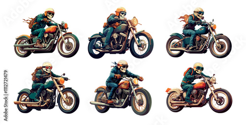 Cartoon rider in skull helmet mask. Skeleton head biker character riding on harley davidson chopper motorcycle, retro vintage old school classical cafe racer isolated vectors on white background