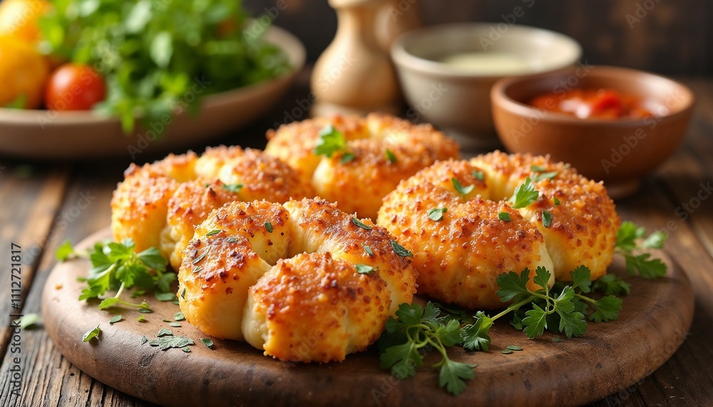 Cheesy stuffed bread knots with herbs on a wooden board served with dipping sauces Cheesy stuffed bread knots with herbs on a wooden board served with dipping sauces