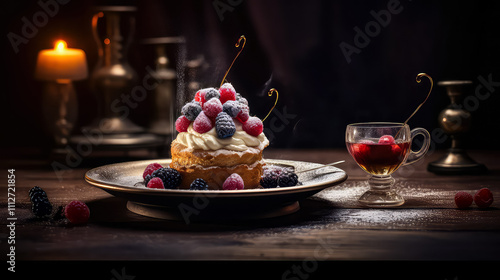 Exquisite Fine Dining Dessert Concept: A Luxurious Dish in Dark Background, Colorful and Yummy Desserts as Artful Decorations