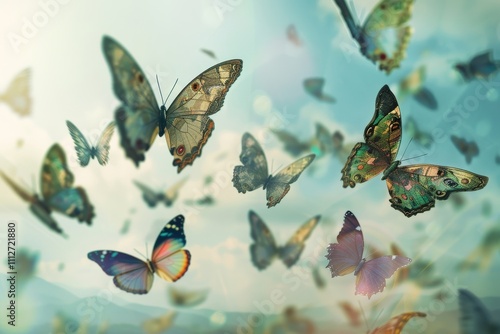 Currency notes transforming into butterflies and flying away stating the fleeting value during inflation .A vibrant scene of butterflies gracefully soaring through a clear blue sky, 