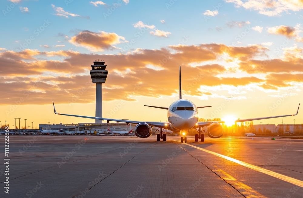custom made wallpaper toronto digitalAn airliner gracefully taxis on the airport runway with the sunset painting the sky, blending technology and the serene beauty of nature at day’s end.