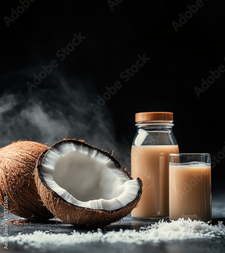 A halved coconut sits beside a steaming glass of creamy beverage and a glass bottle, all set against a dark background to emphasize the tropical theme of the image. photo