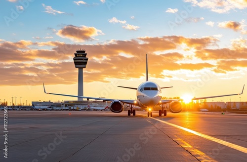 Wallpaper Mural An airliner gracefully taxis on the airport runway with the sunset painting the sky, blending technology and the serene beauty of nature at day’s end. Torontodigital.ca
