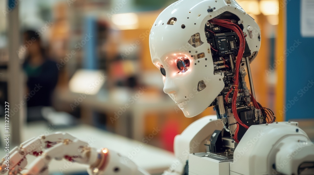 A robot resembling human features stands in a tech-laden environment, its glowing eyes reflecting the lights, symbolizing contemplation of future technological possibilities. A robot resembling human features stands in a tech-laden environment, its glowing eyes reflecting the lights, symbolizing contemplation of future technological possibilities.