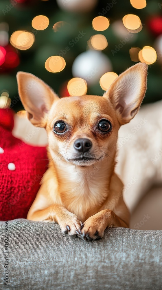 A lovely Chihuahua poses with playful eyes and perked ears in front of a beautifully decorated Christmas tree, featuring glowing baubles and vibrant lights. A lovely Chihuahua poses with playful eyes and perked ears in front of a beautifully decorated Christmas tree, featuring glowing baubles and vibrant lights.