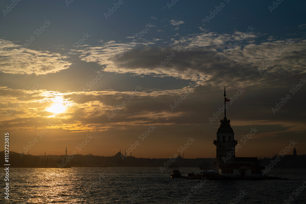 Beautiful view of the Maidens Tower on the Bosphorous Strait in Istanbul at Sunset. Beautiful view of the Maidens Tower on the Bosphorous Strait in Istanbul at Sunset.