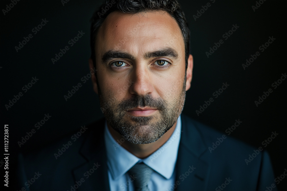 Professional portrait of a bearded man in a formal suit and tie, posed against a black background, exuding confidence and sophistication in a sleek, minimalist setting Professional portrait of a bearded man in a formal suit and tie, posed against a black background, exuding confidence and sophistication in a sleek, minimalist setting